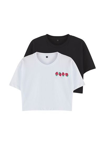 TRENDYOLKIDS Black-White 2 Pack Girl Cotton Slogan Printed Crop Short Sleeve Knitted T-Shirt Tkdss25Ts00055