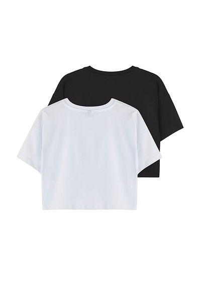 TRENDYOLKIDS Black-White 2 Pack Girl Cotton Slogan Printed Crop Short Sleeve Knitted T-Shirt Tkdss25Ts00055