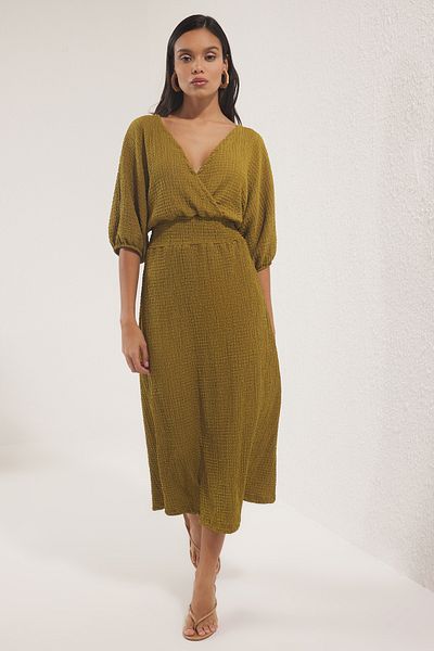 Trendyol Collection Oil Green Textured V-Neck Sleeve Waist Gipped Maxi Dress Twoss25El00830