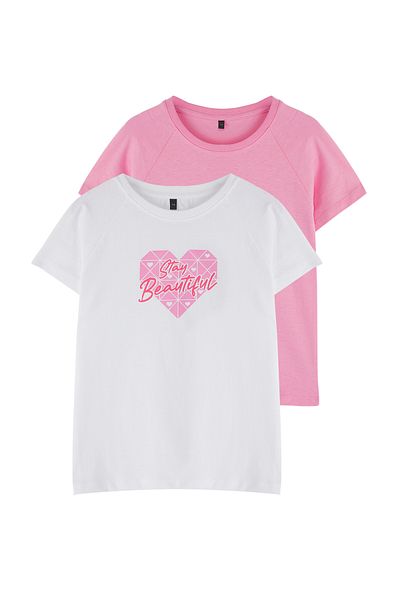 TRENDYOLKIDS White-Pink 2'Li Girl 100% Cotton Slogan Printed Short Sleeve Knitted T-Shirt Tkdss25Ts00091