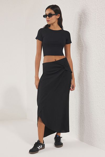 Trendyol Collection Black Ayrobin Knot Detailed Midi Skirt Twoss25Et00190