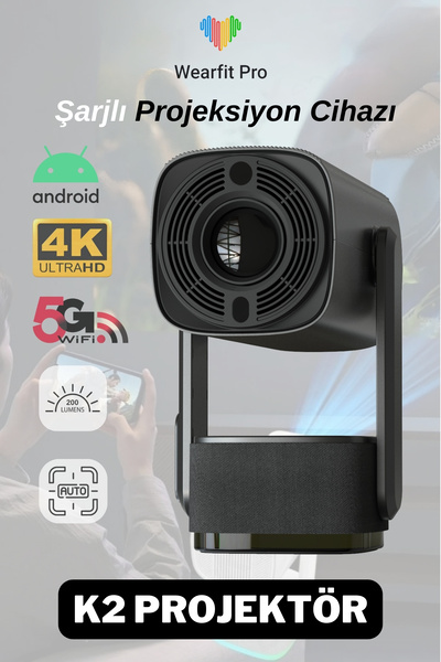 Wearfitpro K2 Powerbank Şarjlı 4K Çözünürlük Android Projeksyion Cihazı 5G Wifi Destekli Full HD Projektör