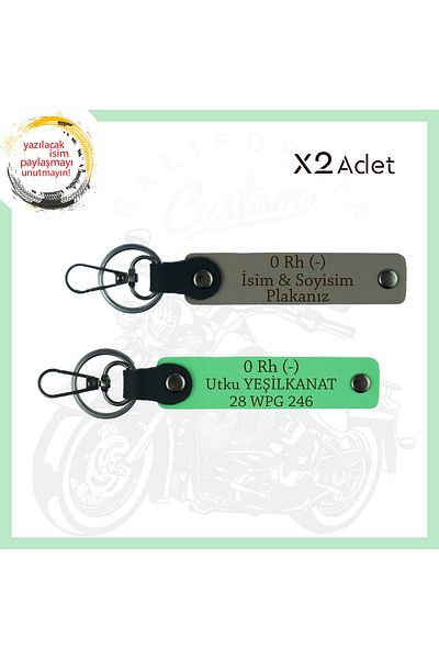 miawiki Safe Driving 2-Keychain with Biker Buddies, Name Plate and 0 - Blood Type Written, Ash Grey-F Green