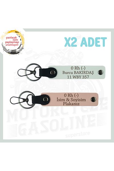 miawiki Motorcycle Lovers Special, Leather 2-Piece Keychain Set with Name Plate and 0 Rh (-) Written, Yavruağzı-White