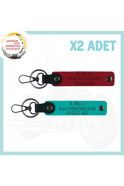 miawiki Motorcyclist Style-Specific, 2-Key Chain with Name Plate and a Rh (-) Blood Type Written, Red-Dark Turquoise