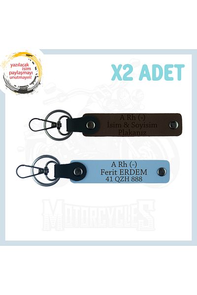 miawiki Set of 2 Keychains with Biker Buddies, Name Plate and a Rh (-) Blood Type Written, Dark Brown-Sky Blue