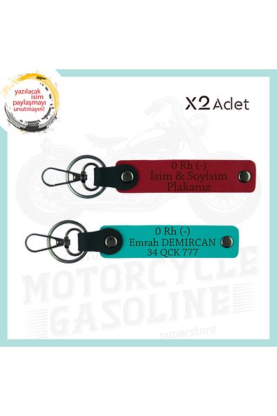 miawiki Motorcyclist Style-Specific, 2-Key Chain with Name Plate and 0 Rh (-) Blood Type Written, Red-Dark Turquoise