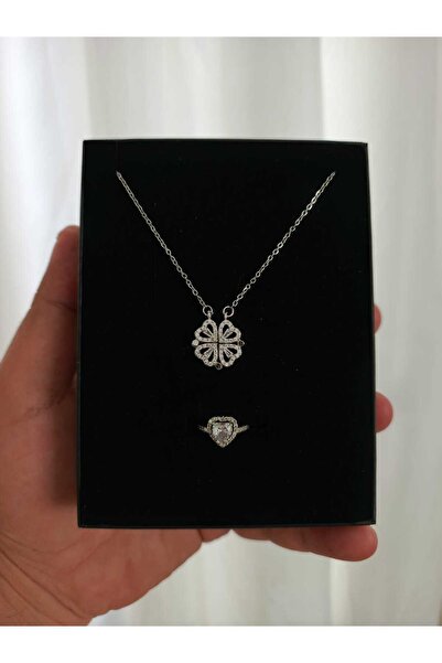 JUPİTER HOME Çelik Kalpli Yonca Kolye ve Yüzük Seti ciddi ilişki Yüzüğü Set Kombin 14 şubat Sevgiliye Hediye