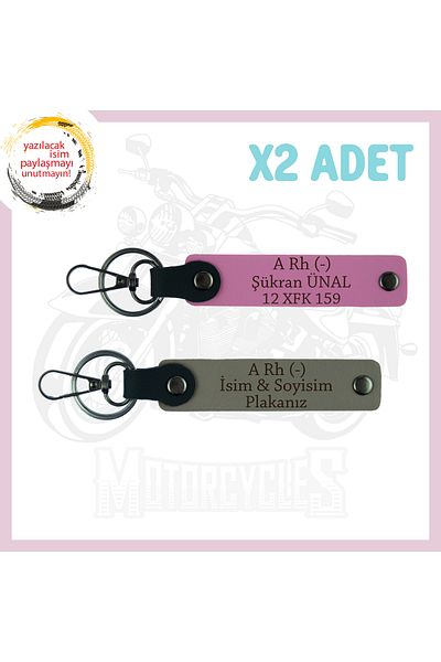 Miaju Ash Grey-Pink, Motorcyclist Rider, Name Plate and a Rh (-) Blood Group Lettering, Set of 2 Keychains