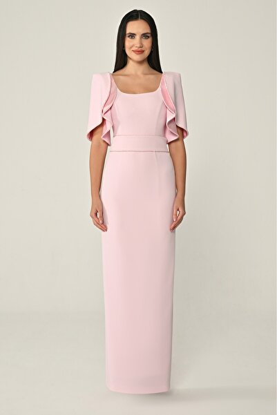 ALFABETA KADIN ABİYE VOLAN KOL ŞERİT TAŞLI KREP ŞIK UZUN ELBİSE