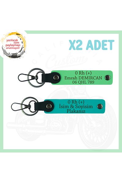 Miaju Dark Turquoise-Pistachio Green, Motorcycle Sevene Name Plate and 0 Rh (+) Blood Group Lettering 2-Piece Keychain
