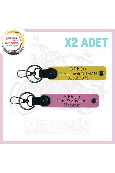 miawiki Motorcycle Lovers, Emergency 2-Keychain with Name Plate and B Rh (+) Blood Type Written, Yellow-Pink