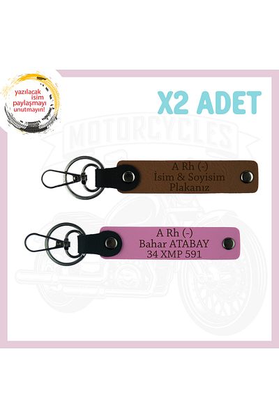 Miaju Light Brown-Pink, for Motorcycle Lovers, 2-Piece Keychain with Nameplate and a Rh (-) Blood Group Lettering