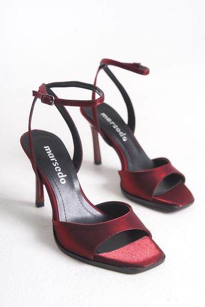 MARSEDO Lara Women's Blunt Toe Heeled Strappy Daily Sandals Burgundy Satin