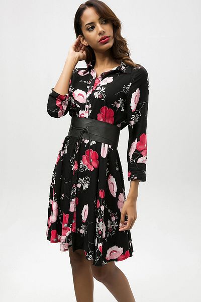 bacc Women's Black Floral Patterned Light Textured Shirt Dress Bcbsk-25650-2164