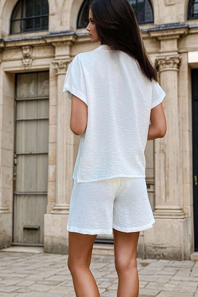 bacc Women's White Linen Jacket Lapel Button Short Sleeve Shirt Shorts Set Bcbsk-25700-3402