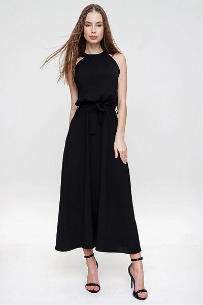 bacc Rochie neagră pentru femei, cu decolteu, cu șalter, cu talie decoltată, cu cravată Bcbsk-25700-k5330