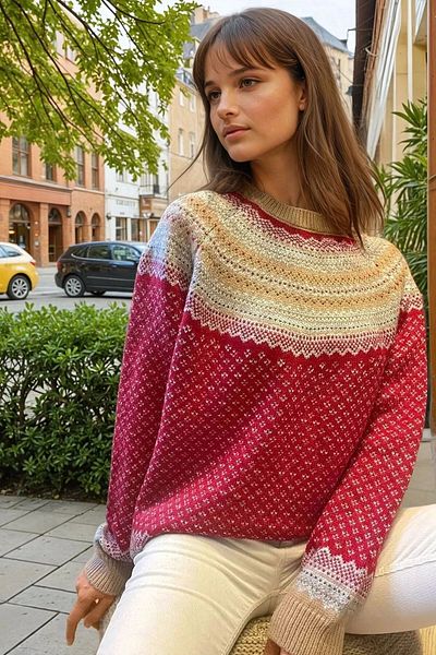 bacc Women's Red Ecru Knitwear Textured Oversize Soft Sweater Bcbsk-25700-Cck2023
