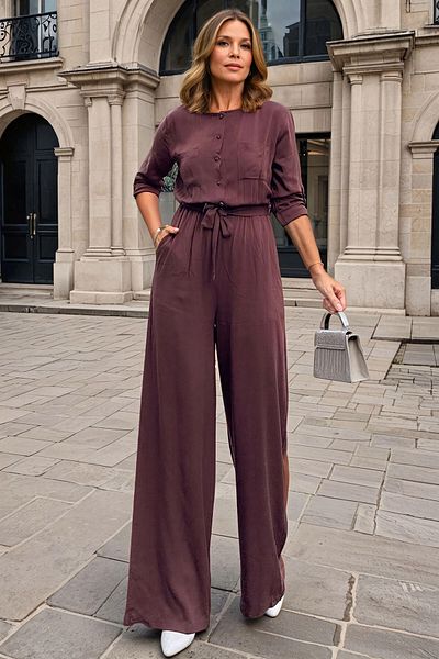bacc Women's Brown Self-Belted Elastic Waist Half Placket Pocket Jumpsuit Bcbsk-25700-3297