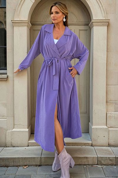 bacc Women's Purple Jacket Lapel Buttoned Pocket Self-Belted Loose Thin Trench Coat Bcbsk-25700-3335