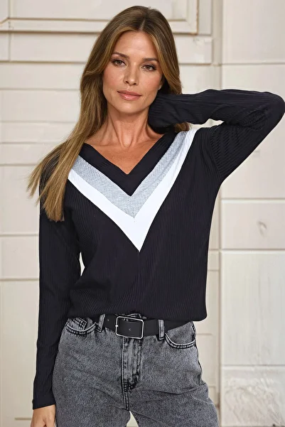 bacc Women's Black V-Neck Color Block Sweater Bcbsk-25700-2750