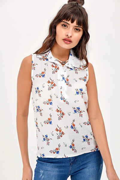 bacc Women's Ecru Sleeveless Floral Patterned Shirt Bcbsk-25650-2346