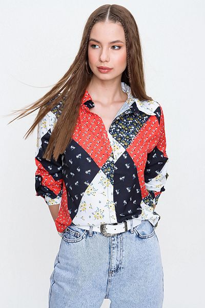 bacc Women's Red Patterned Long Sleeve Shirt Bcbsk-25700-K6074