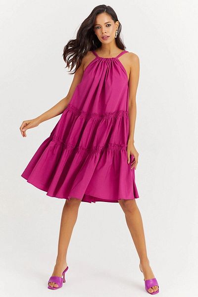 bacc Women's Fuchsia Halter Skirt Layered Ruffled Poplin Kilos Dress Bcbsk-25700-K7172