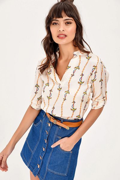 bacc Women's Ecru Patterned V-Neck Satin Blouse Bcbsk-25700-T4011-2015