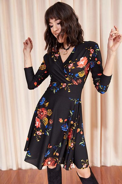 bacc Women's Black Double Breasted Collar Patterned Dress Bcbsk-25700-K4777