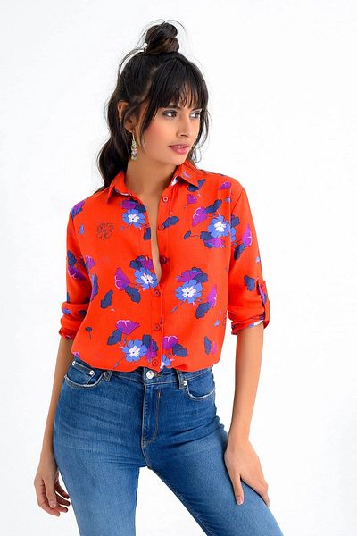 bacc Women's Coral Floral Patterned Epaulette Woven Shirt Bcbsk-25700-K4095
