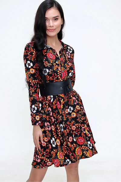 bacc Women's Black Yellow Light Fabric Patterned Shirt Dress Bcbsk-25650-2164-2