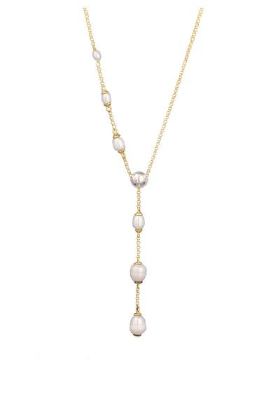 ELLI Halskette Elli Y-Kette mit Perlen Damen Peachain Süßwasser-Zuchtperlen weiß 925 Sterling Silber