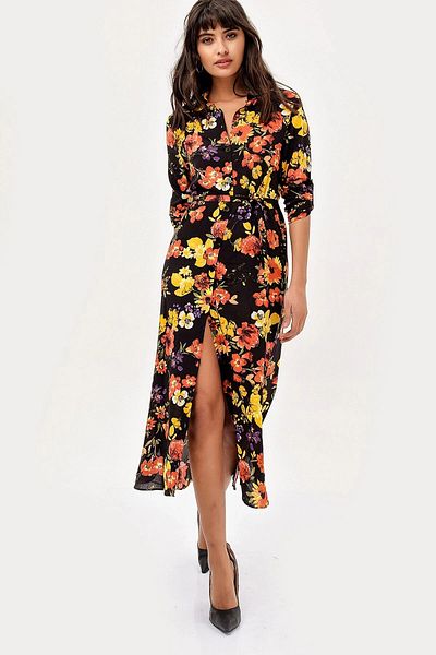 bacc Women's Black Yellow Floral Patterned Dress Bcbsk-25700-H5022