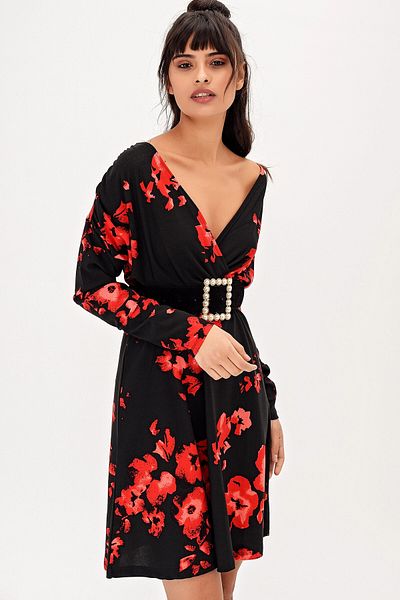 bacc Women's Red V-Neck Floral Patterned Dress Bcbsk-25700-T4012-1270