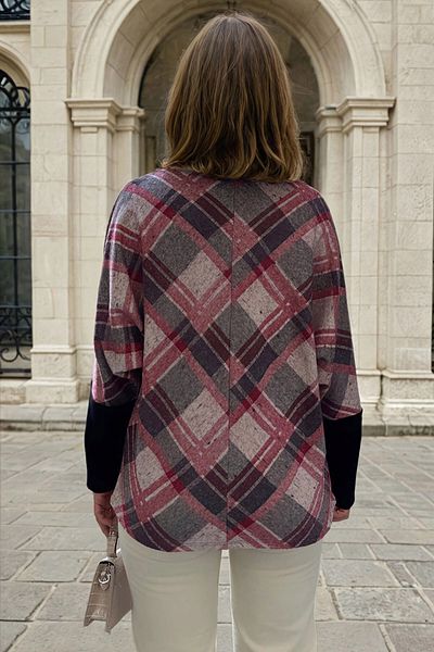 bacc Women's Dusty Rose V-Neck Diamond Pattern Color Block Bat Sleeve Sweater Bcbsk-25700-3342