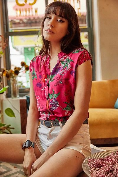 bacc Cămașă fără mâneci cu model floral fucsia pentru femei Bcbsk-25700-k4213