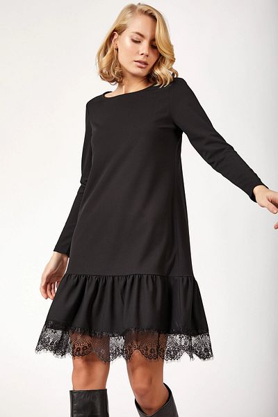 bacc Women's Black Crew Neck Skirt Tulle and Flywheel Detailed Dress Bcbsk-25700-K4747