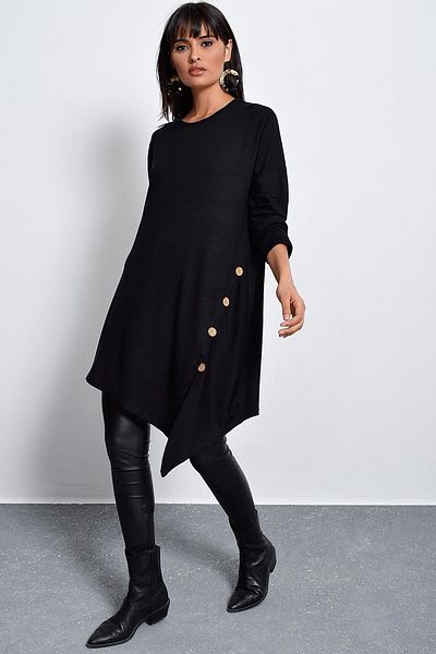 bacc Women's Black Crew Neck Button Detailed Long Tunic Bcbsk-25700-K4593