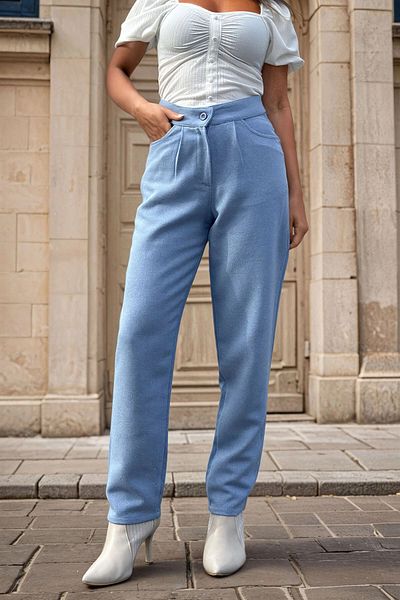 bacc Pantaloni plisați cu buzunare cu talie înaltă, albastru, cu model, pentru femei Bcbsk-25700-3448