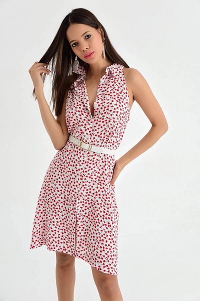 bacc Women's White Floral Patterned Shirt Collar Woven Dress Bcbsk-25700-K4160