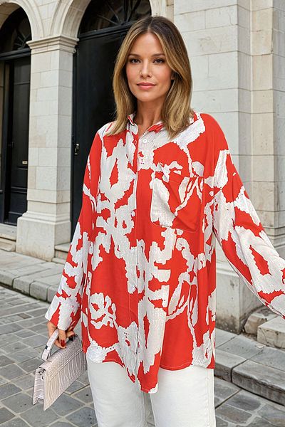 bacc Women's Red Patterned Oversize Long Sleeve Shirt Bcbsk-25700-3457