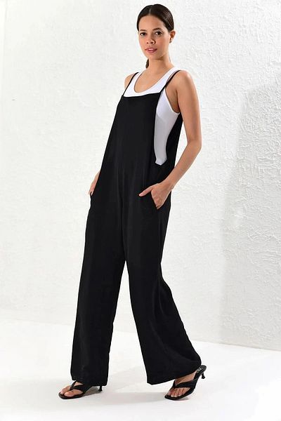 bacc Women's Black Strappy Double Pocket Maxi Length Relaxed Cut Jumpsuit Bcbsk-25700-K5448