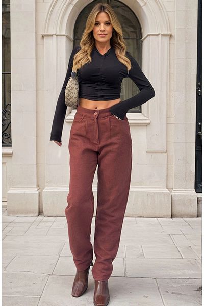 bacc Women's Brick Tile Self Patterned Stamp High Waist Pocket Pleated Pants Bcbsk-25700-3448