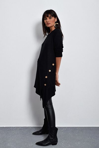 bacc Women's Black Crew Neck Button Detailed Long Tunic Bcbsk-25700-K4593