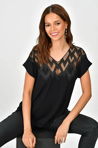 bacc Women's Black Lace Detailed Short Sleeve Blouse Bcbsk-25700-K4962