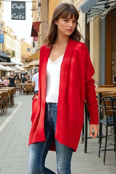 bacc Women's Red Double Pocket Cardigan Bcbsk-25700-Gk-Cck74000