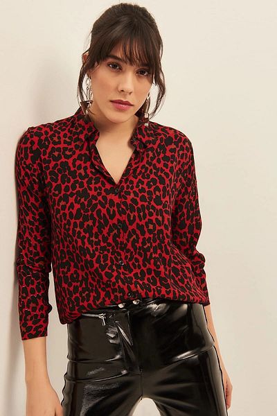 bacc Women's Red Patterned Long Sleeve Shirt Bcbsk-25700-T4011-1470