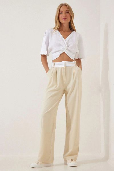 bacc Women's Beige High Waist Double Pocket Palazzo Trousers Bcbsk-25700-K7220