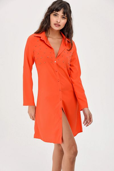 bacc Women's Orange Stone Detailed Shirt Dress Bcbsk-25700-2573